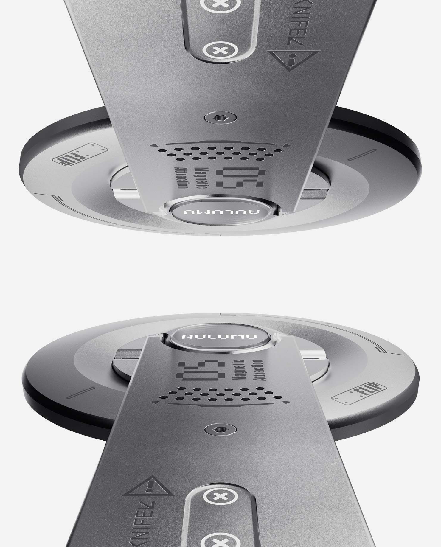 AULUMU G05 Air 5‑in‑1 MagSafe phone kickstand with integrated spinner and protractor shown in use.
