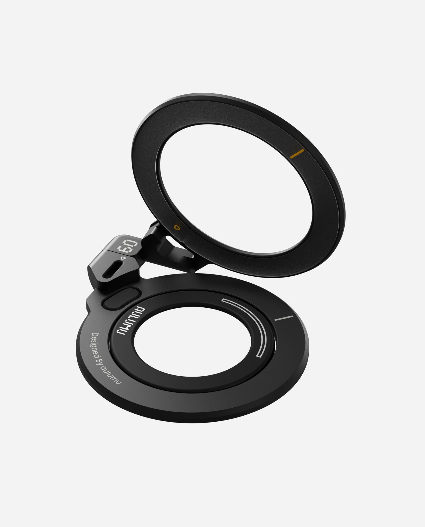 aulumu G09 black MagSafe stand opened as a finger ring grip on the phone