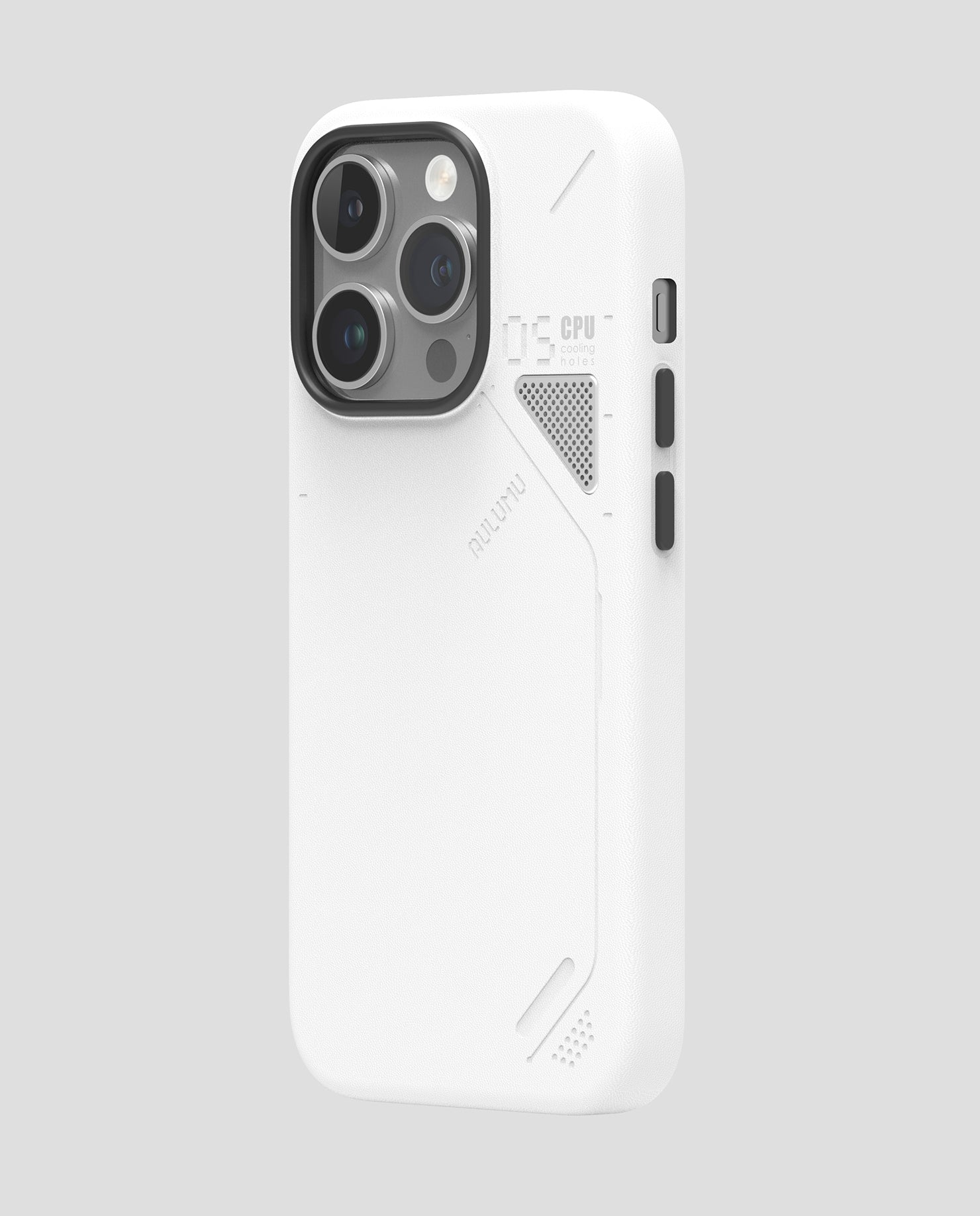 Angled back view of white AULUMU A05 vegan leather case for iPhone 14 Pro showing CPU cooling window vent