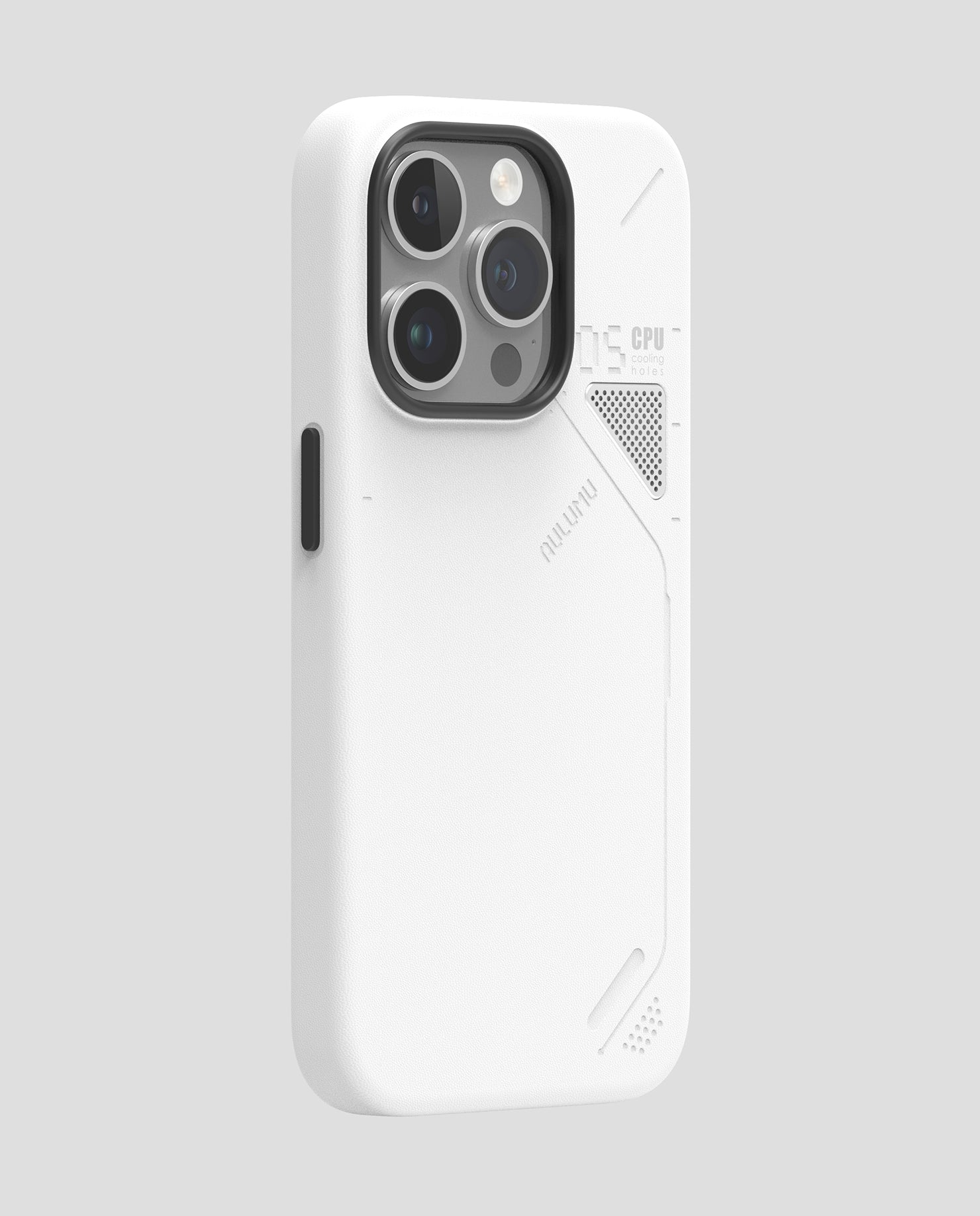 Side view of white AULUMU A05 vegan leather case for iPhone 14 Pro with raised camera frame and cooling window