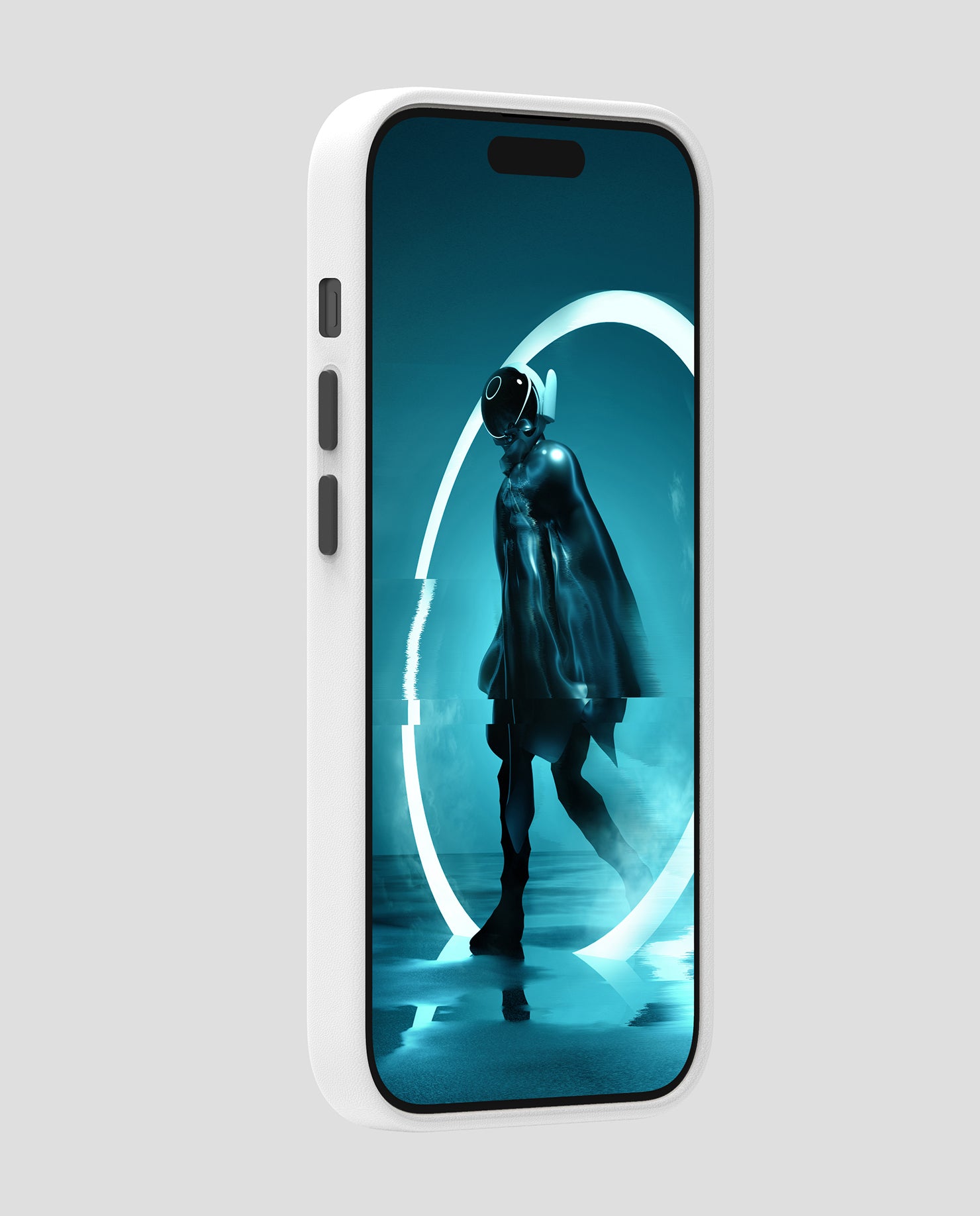 Front view of black AULUMU A05 vegan leather case for iPhone 14 Pro with cyberpunk-style wallpaper