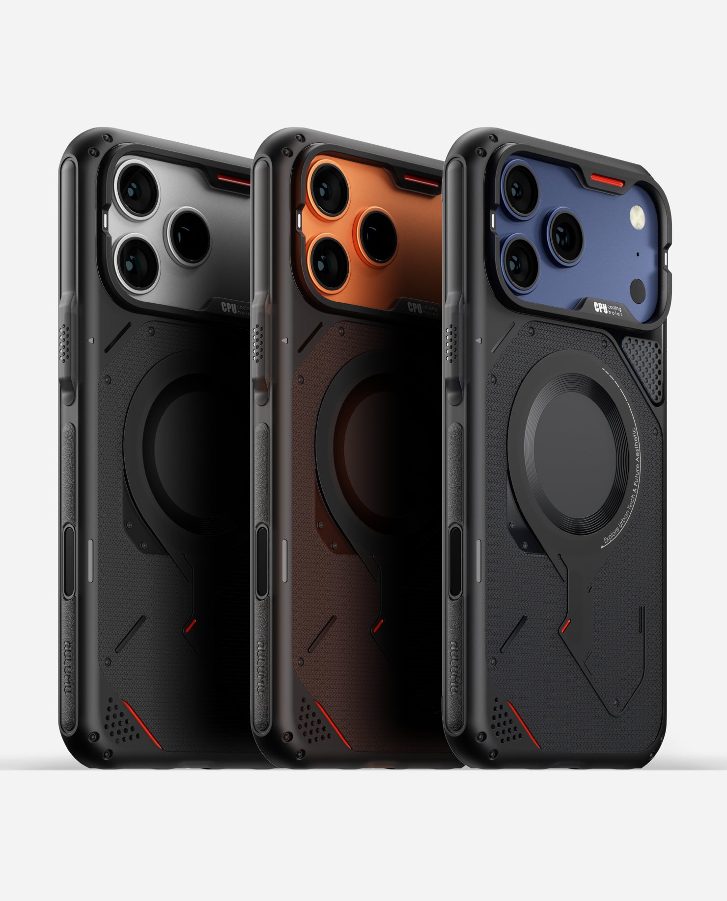 Three iPhone 17 Pro / Pro Max devices with AULUMU A17 rugged outdoor cases paired with silver, orange and blue camera colors