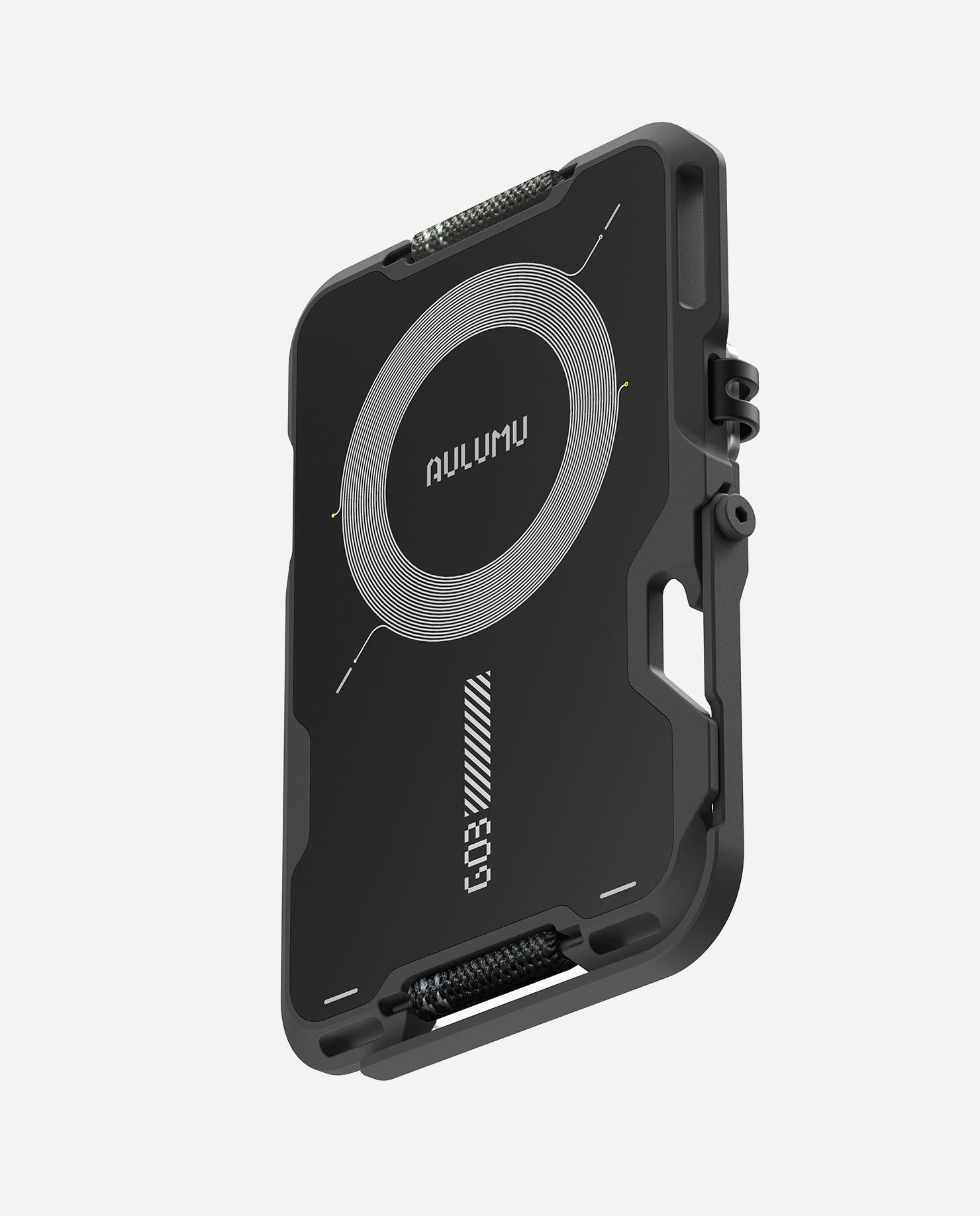 Side angle of black AULUMU G03 wallet highlighting MagSafe ring and upper strap attachment point