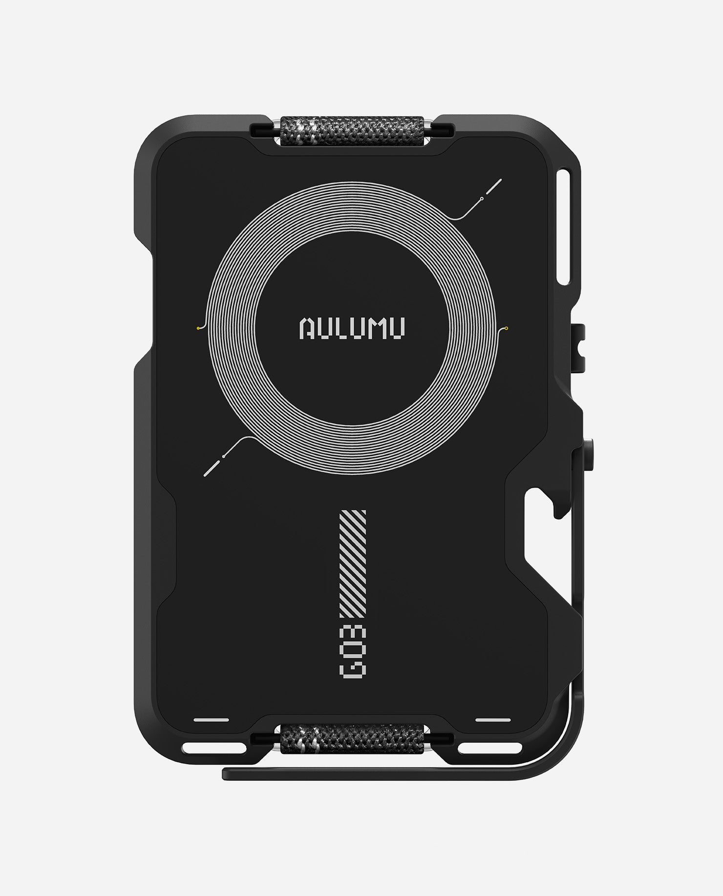 Back view of black AULUMU G03 magnetic metal wallet with concentric MagSafe ring and G03 logo