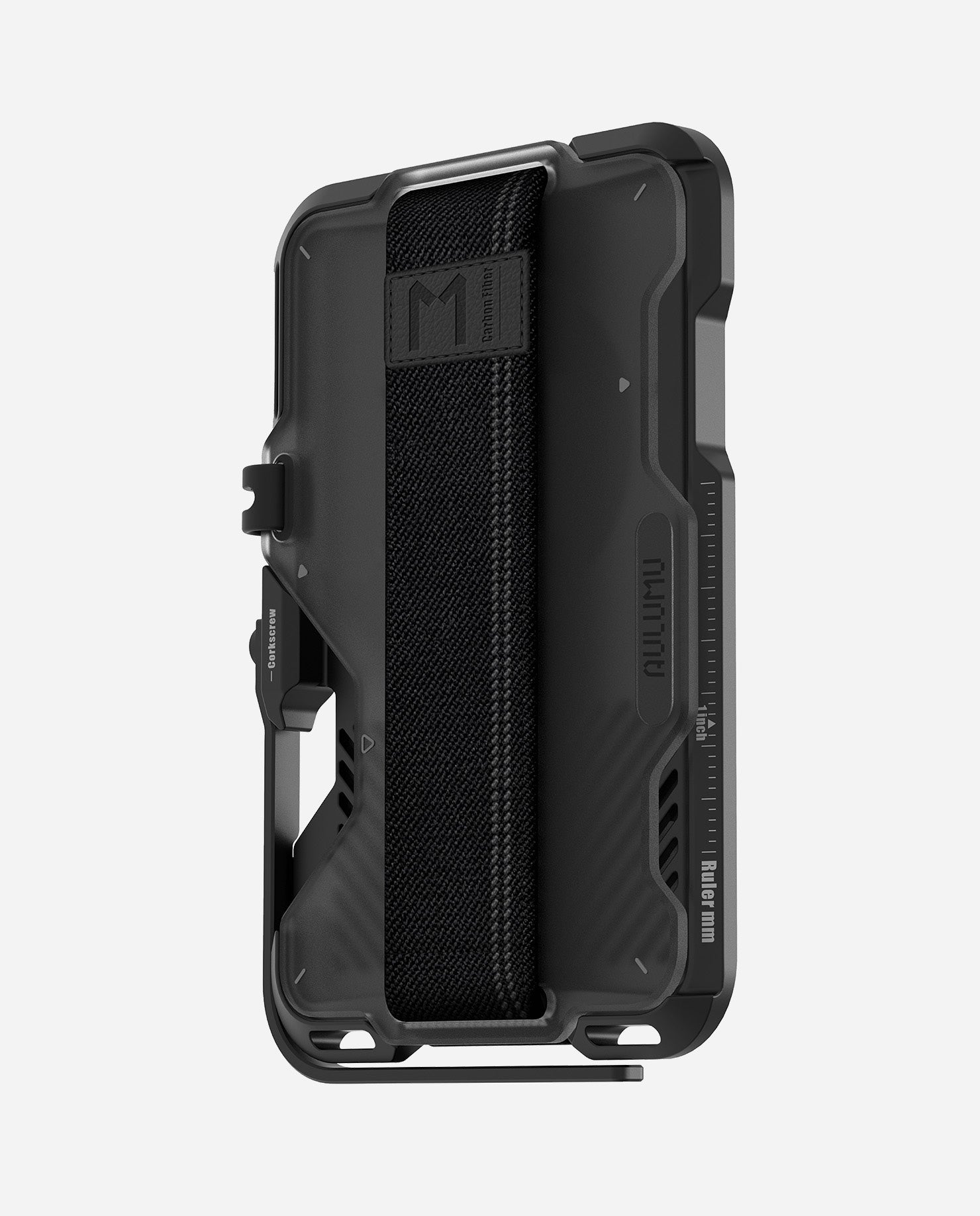 Angled view of the black AULUMU G03 multi-tool MagSafe metal wallet with woven grip strap and lanyard holes