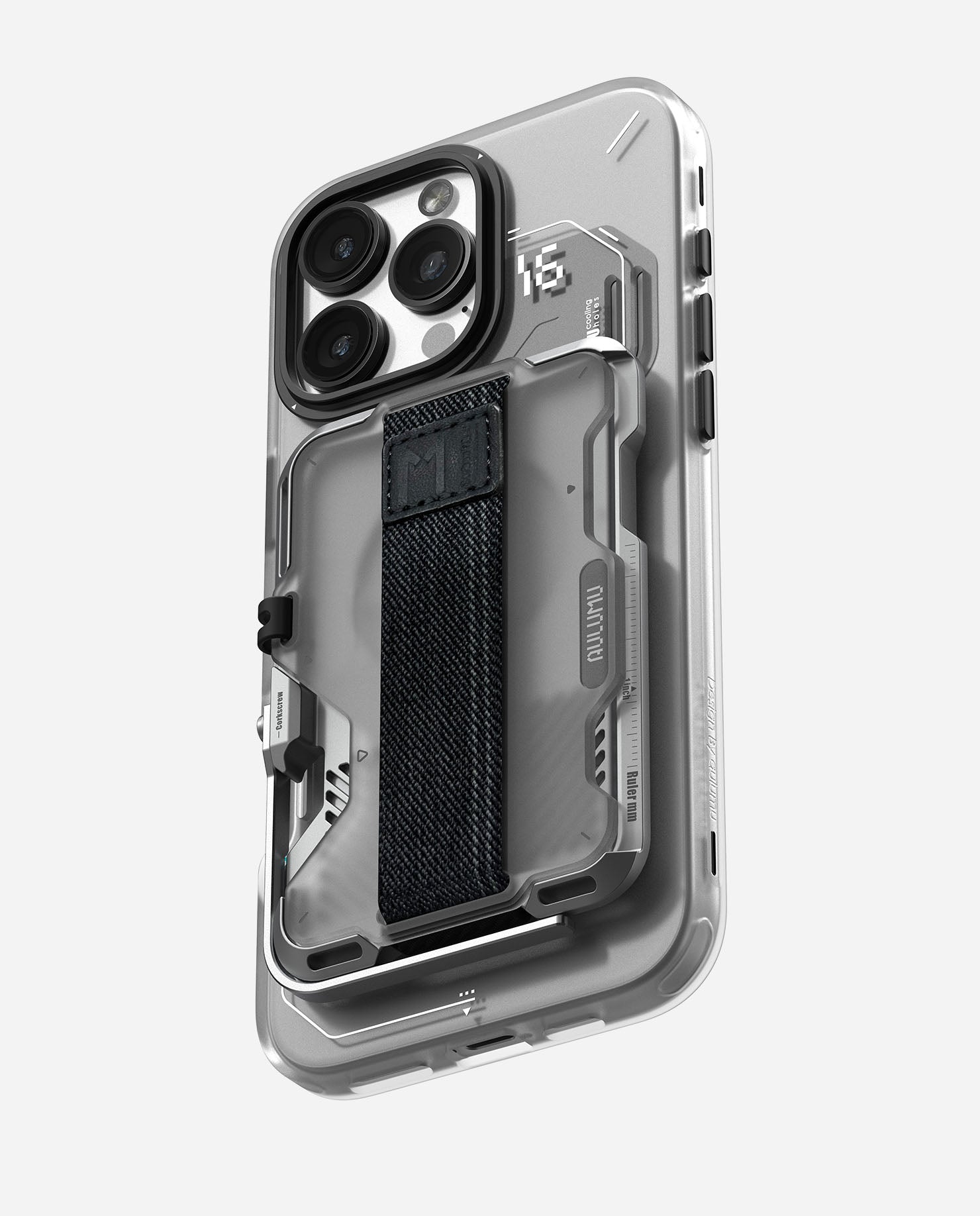 Angled three-quarter view of silver AULUMU G03 wallet on an iPhone showing industrial detailing