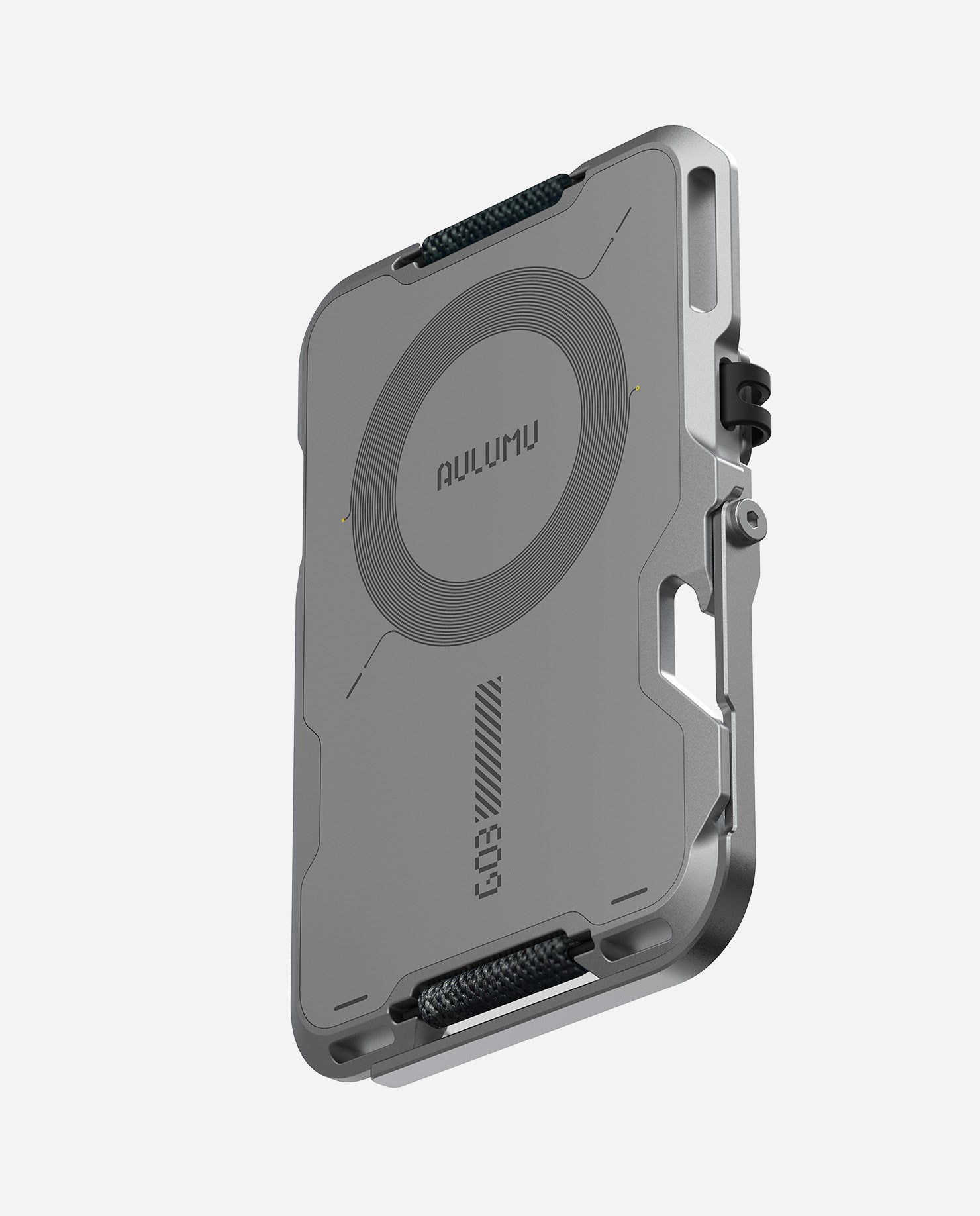 Back of silver AULUMU G03 magnetic wallet with concentric MagSafe ring graphic and G03 branding