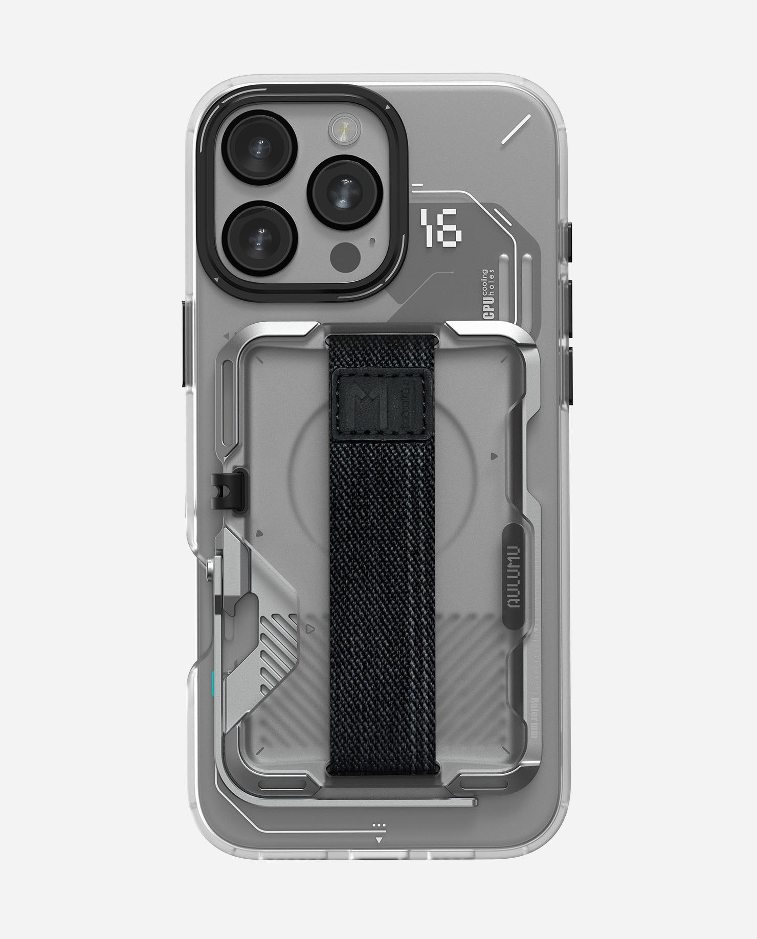 Silver AULUMU G03 frosted metal wallet attached to a translucent iPhone case in rear view