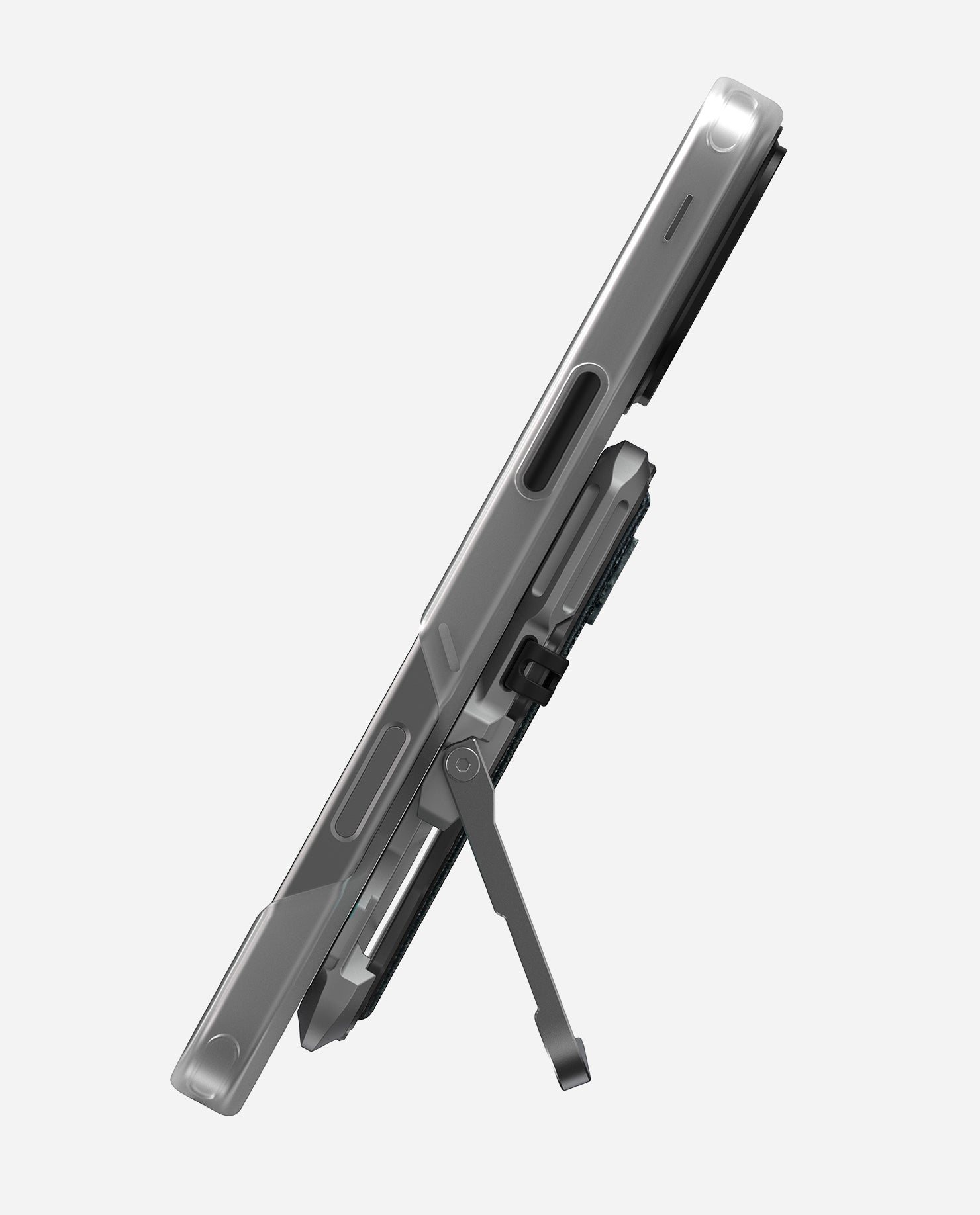 Side view of iPhone in stand mode supported by the silver AULUMU G03 wallet kickstand