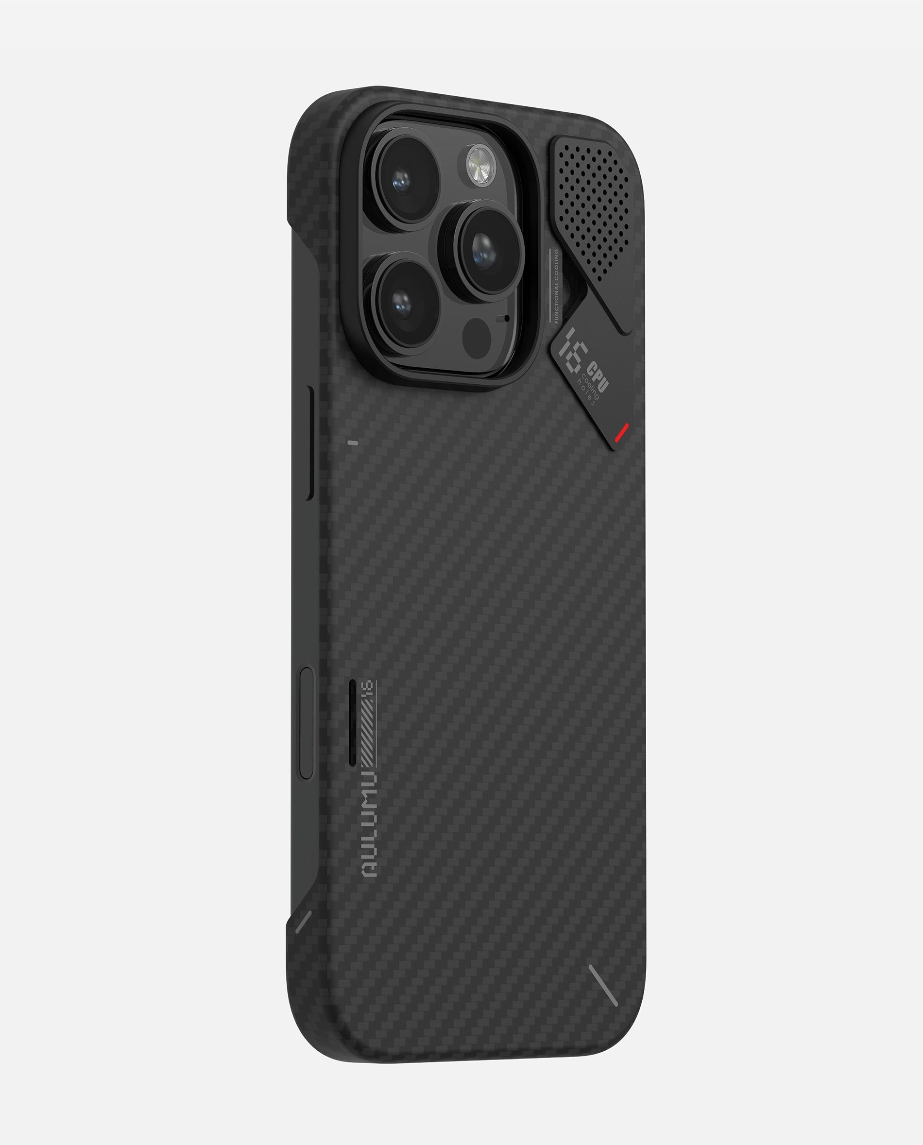 AULUMU A16 aramid fiber case on iPhone 16 Pro, rear view with aluminum camera frame