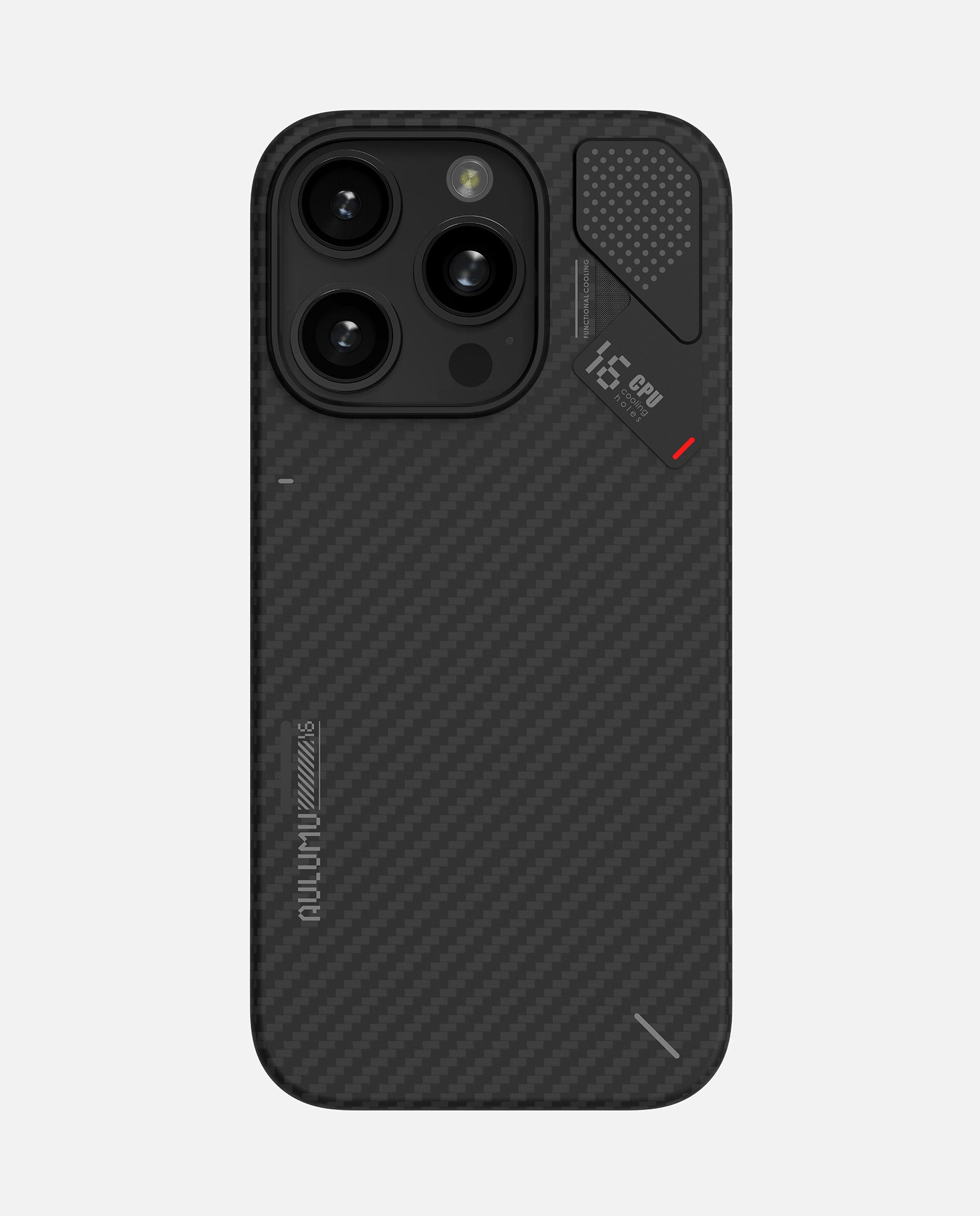 AULUMU A16 aramid fiber case on iPhone 16 Pro Max, rear view with aluminum camera frame