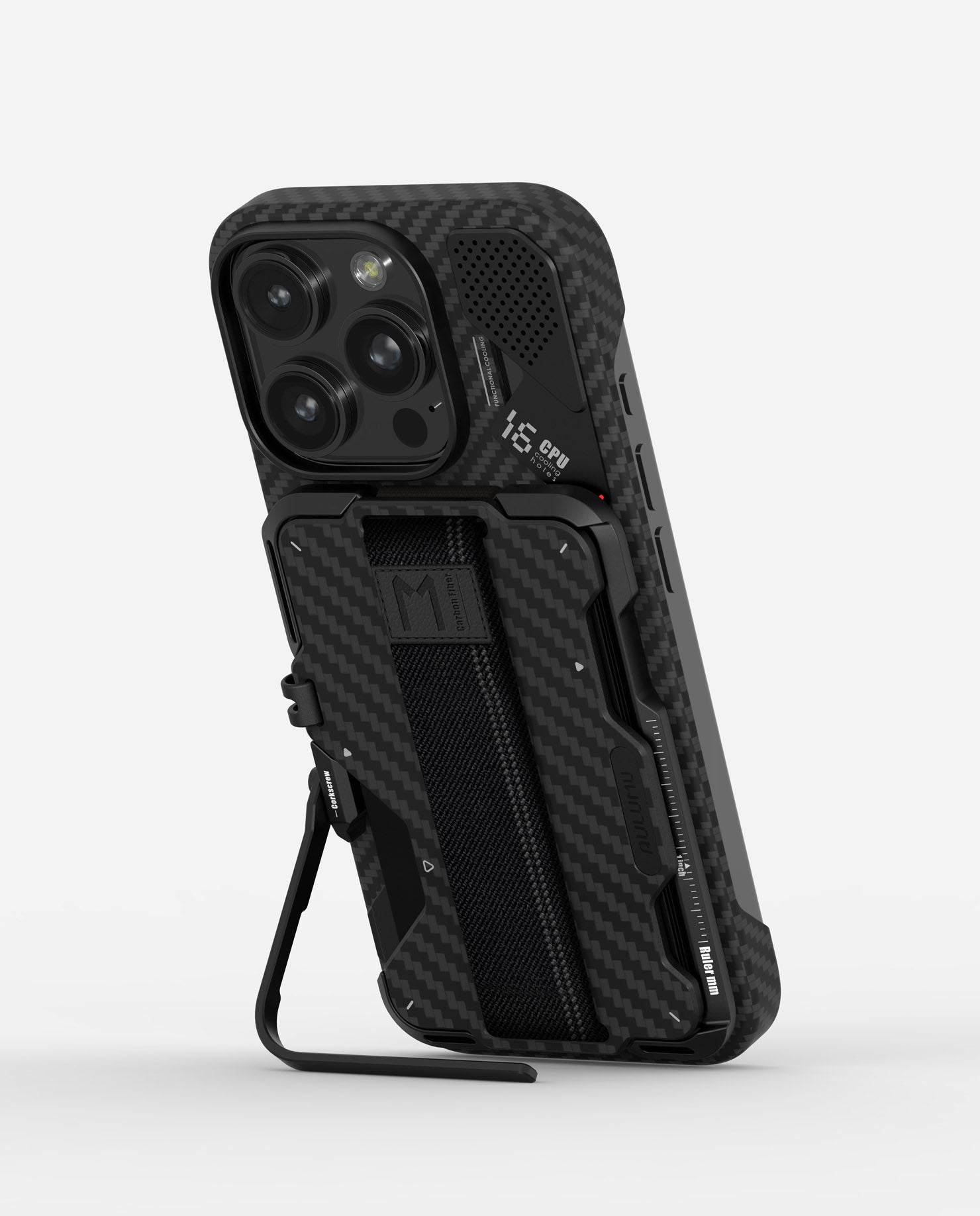 AULUMU G03 carbon fiber MagSafe wallet attached to an iPhone and propping it up with the built-in kickstand