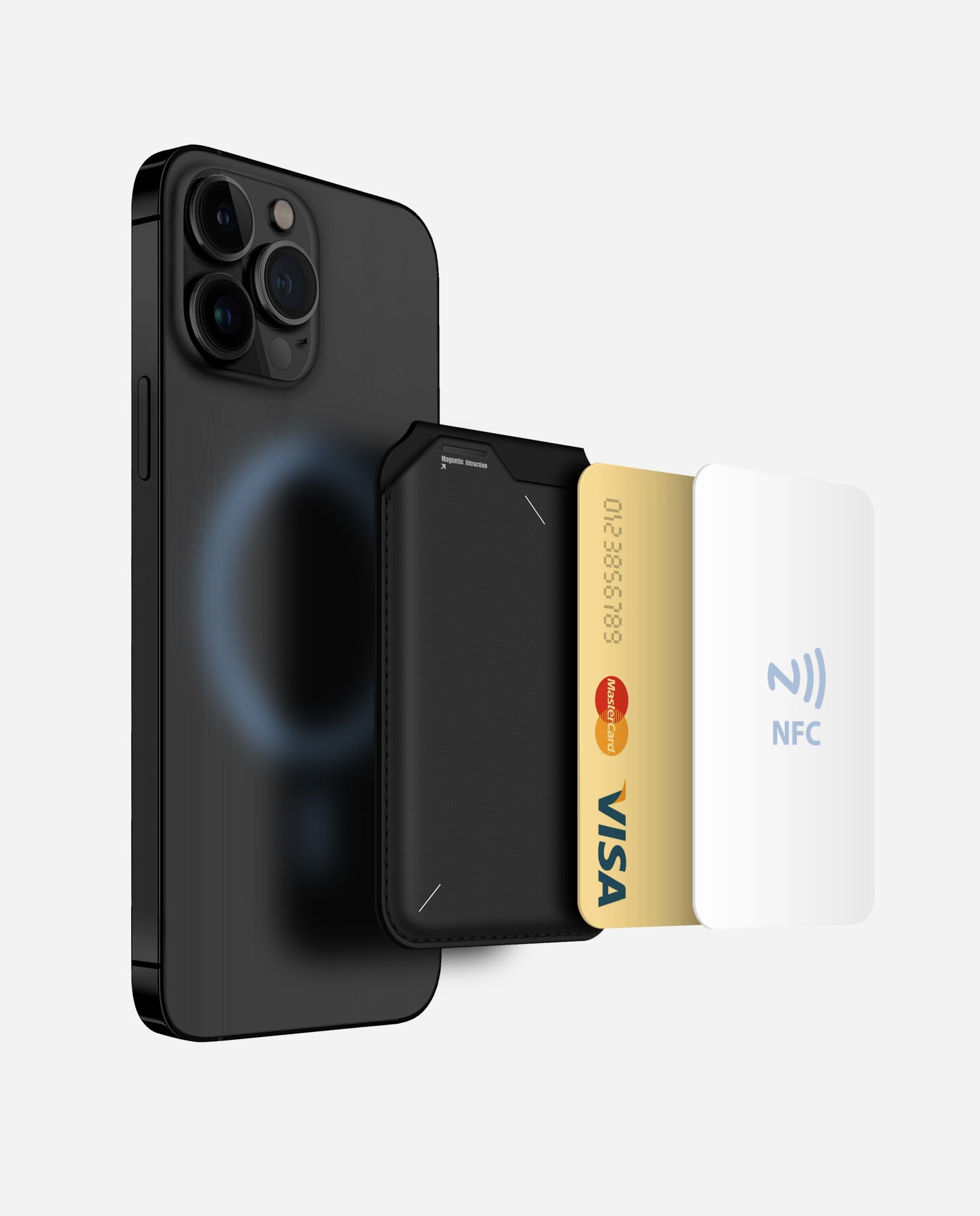 Exploded view of iPhone, AULUMU G02 Magnetic Flip Wallet and cards showing MagSafe attachment and three-card capacity.