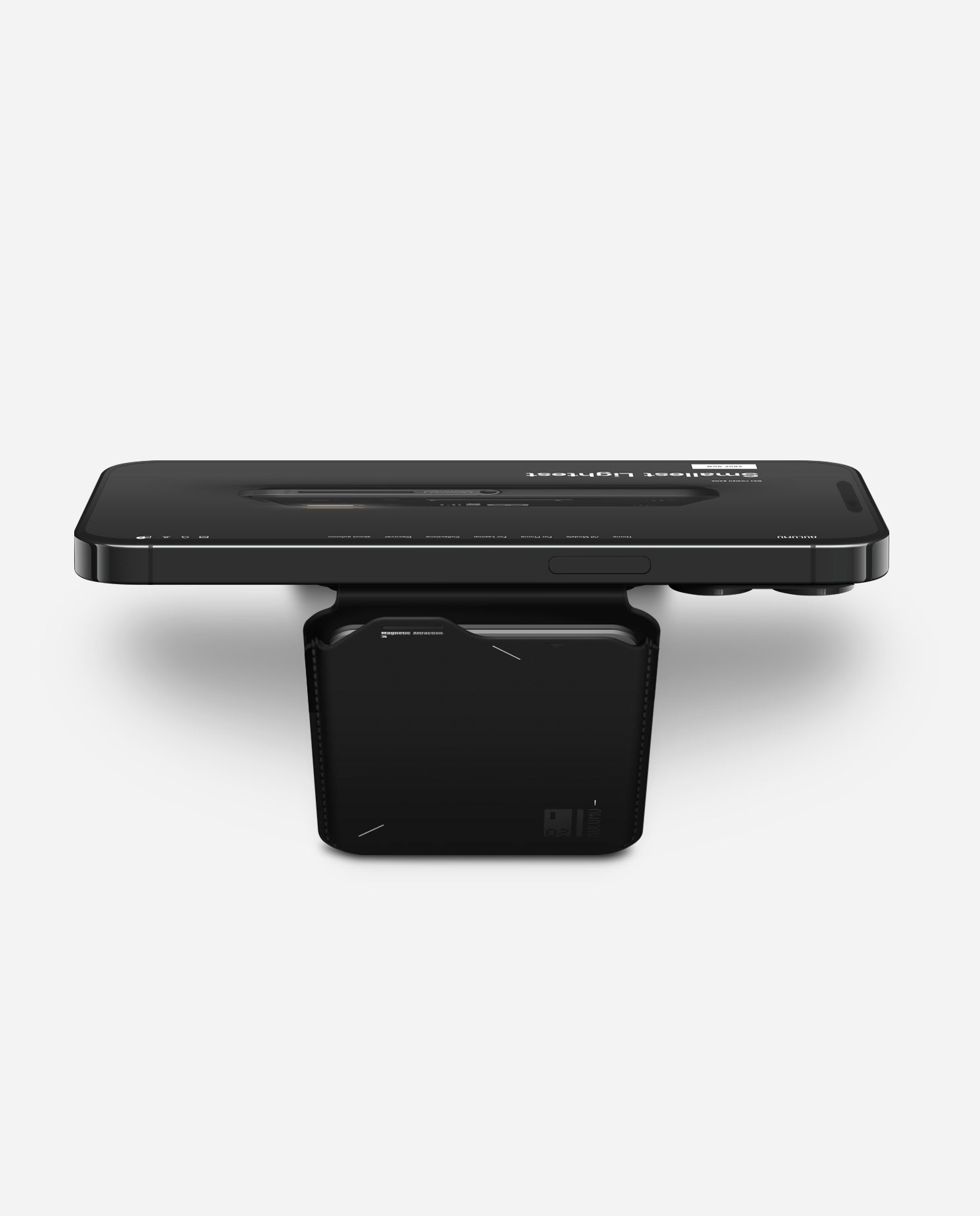 AULUMU G02 Magnetic Flip Wallet used as a MagSafe stand holding an iPhone horizontally on a desk.